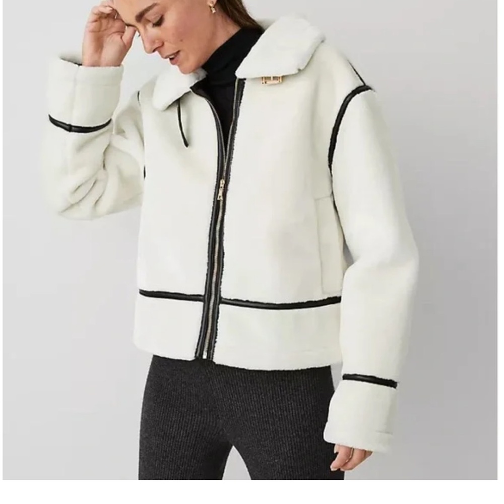 NEW Ann Taylor Weekend Shearling Moto Faux Leather Jacket XS Petite